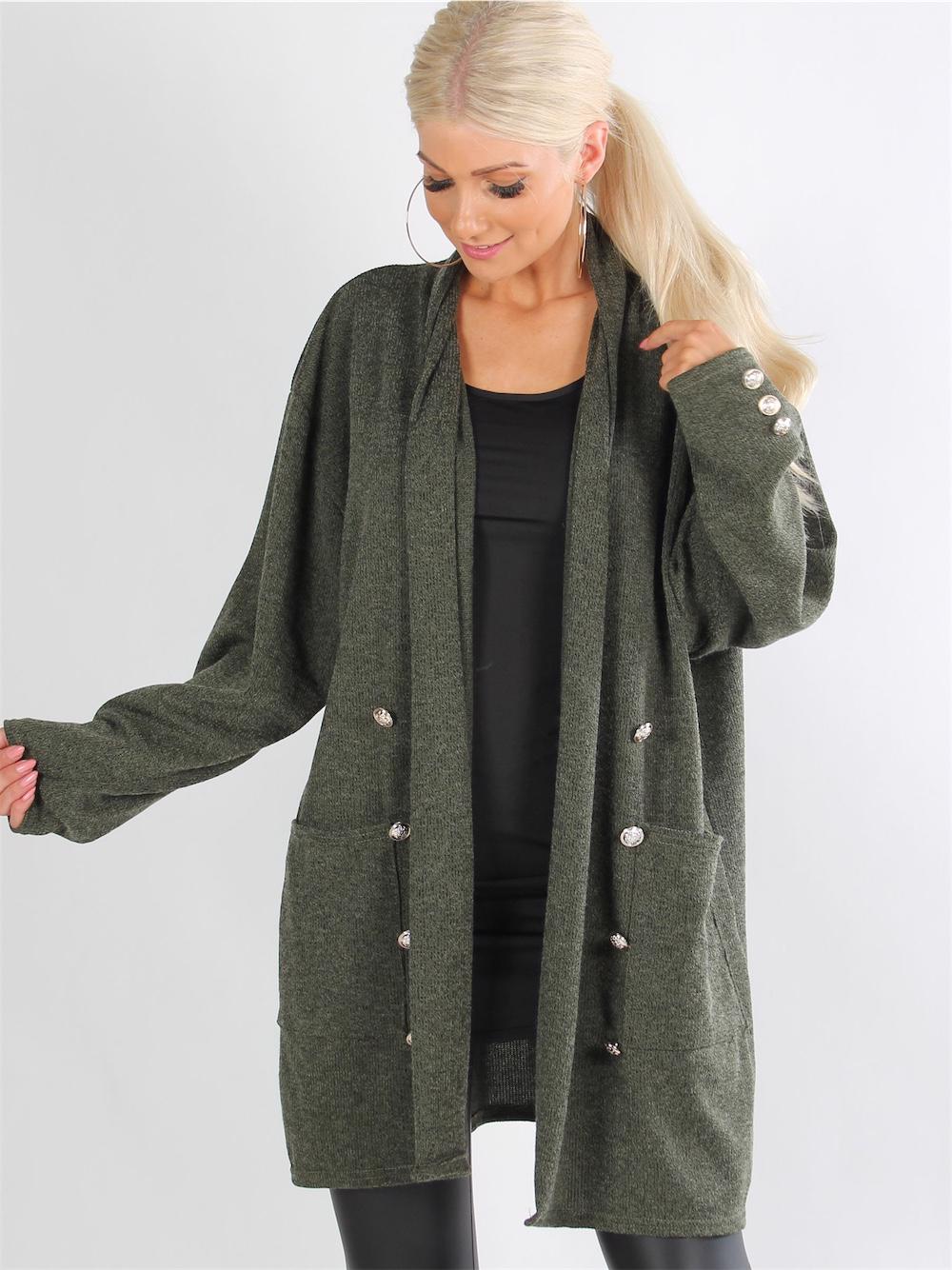 Yrsia - Armygrøn strikcardigan med guld knapper og lommer